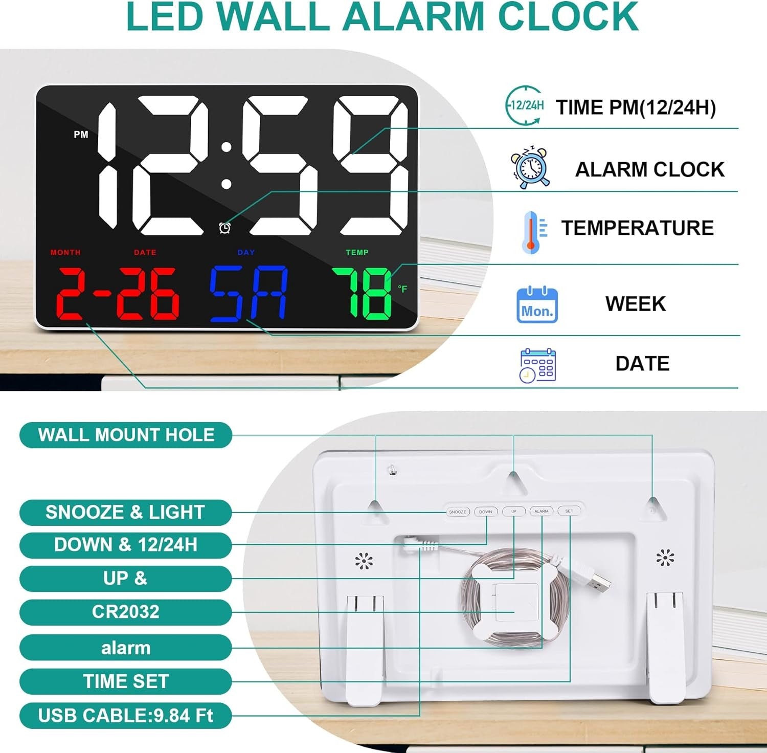 White Large Digital Wall Clock Remote Control Date Temp 12/24H