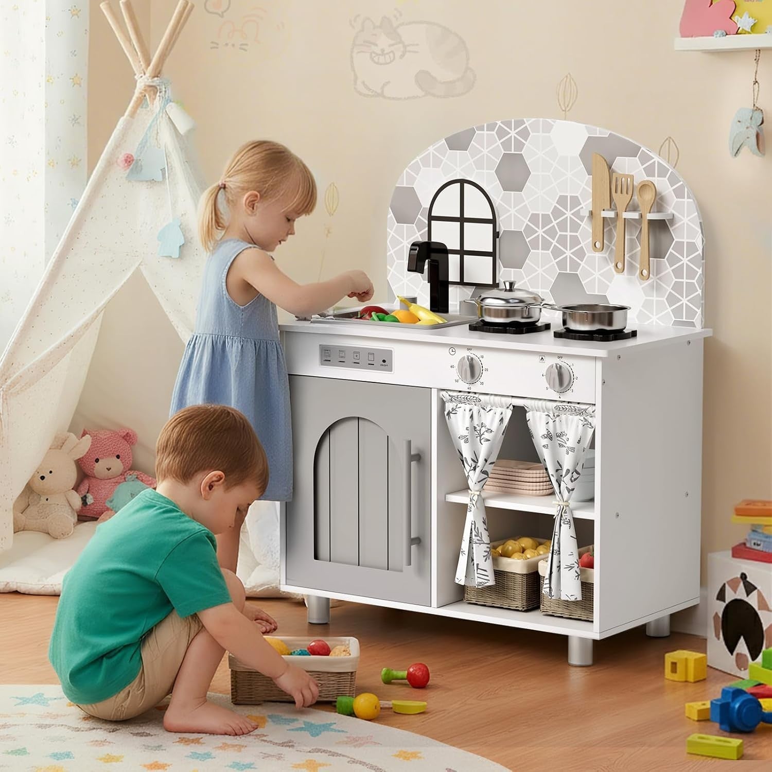 Kids Wooden Play Kitchen w/ Real Sound Stove White Toy Set