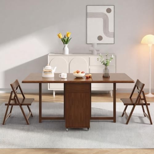 Space Saving Foldable Dining Table on Wheels Solid Wood Extending Kitchen Table