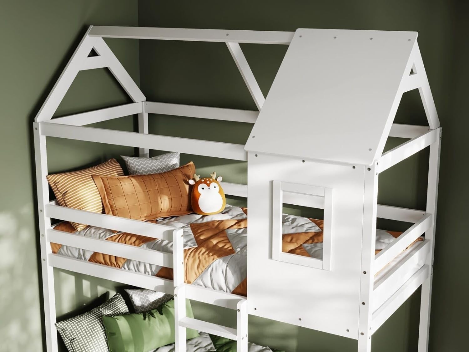 White Wooden Treehouse Bunk Bed Single Kids Safe Loft Bed w/ Storage