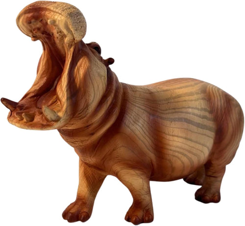 Wood-Effect Hippo Ornament 22cm | Open-Mouth Wildlife Sculpture | Rustic Animal