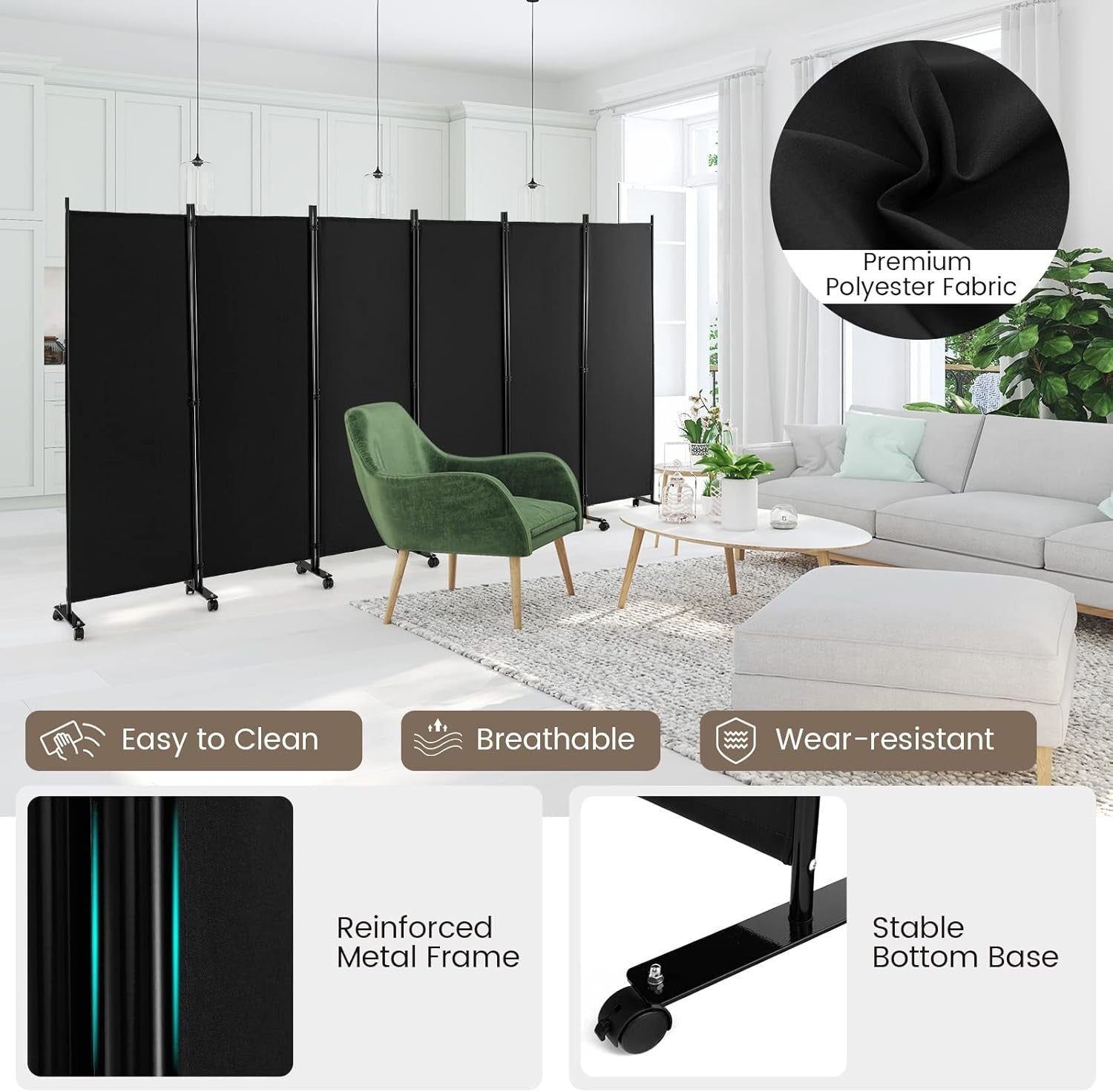 6 Panel Folding Room Divider Privacy Screen Black Metal Frame 335x172cm
