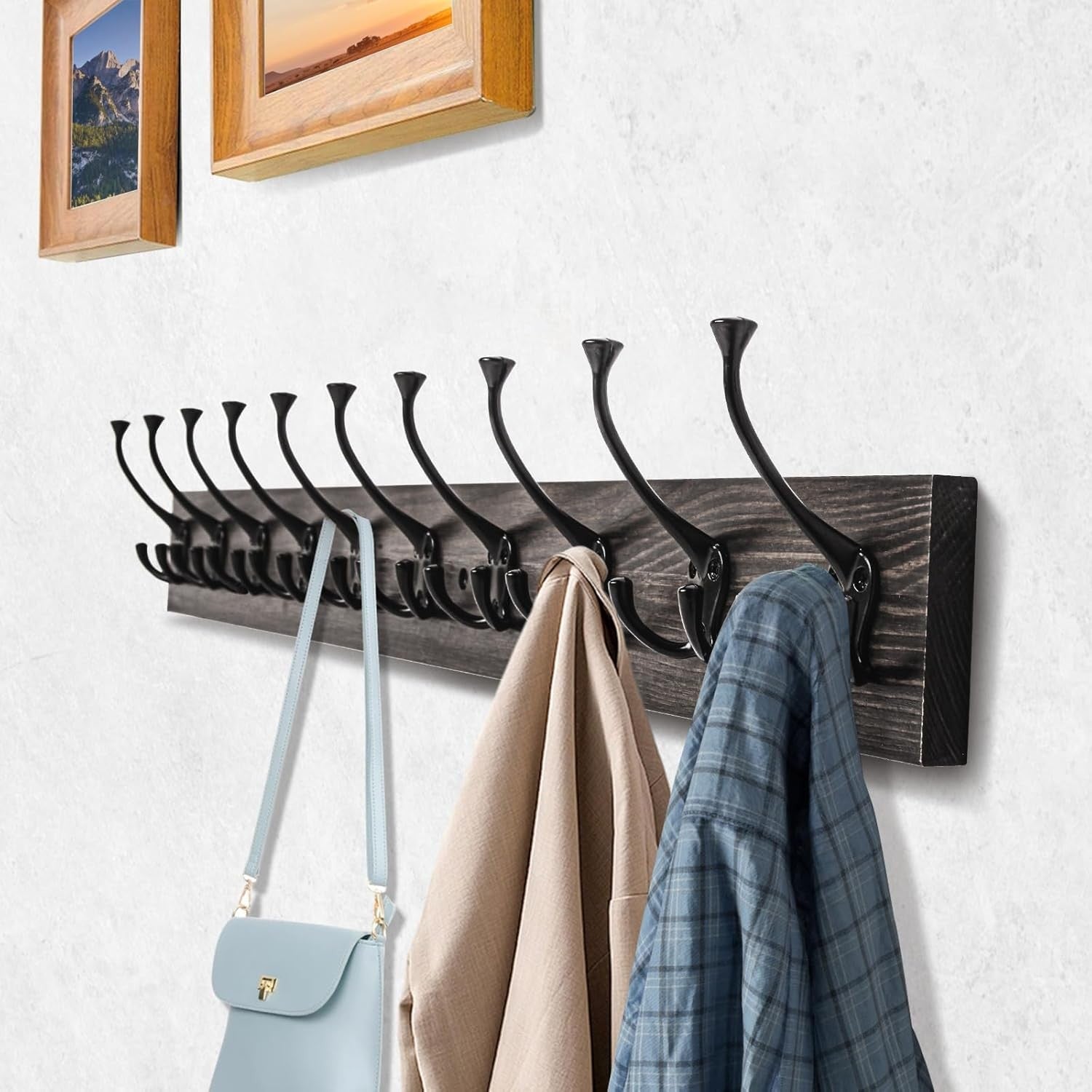 Rustic Wall Mounted Coat Rack 10 Hooks 34” Wood Hanging Rail Organizer