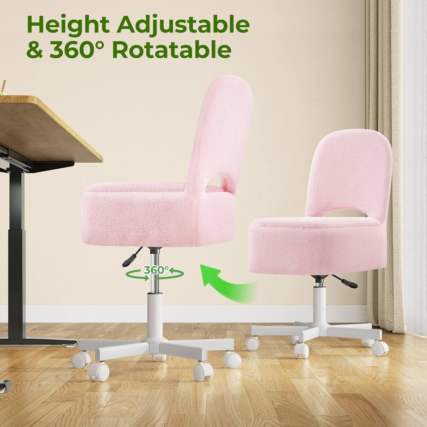 Pink Furry Vanity Chair Large with 13.5L Storage Swivel Adjustable Height