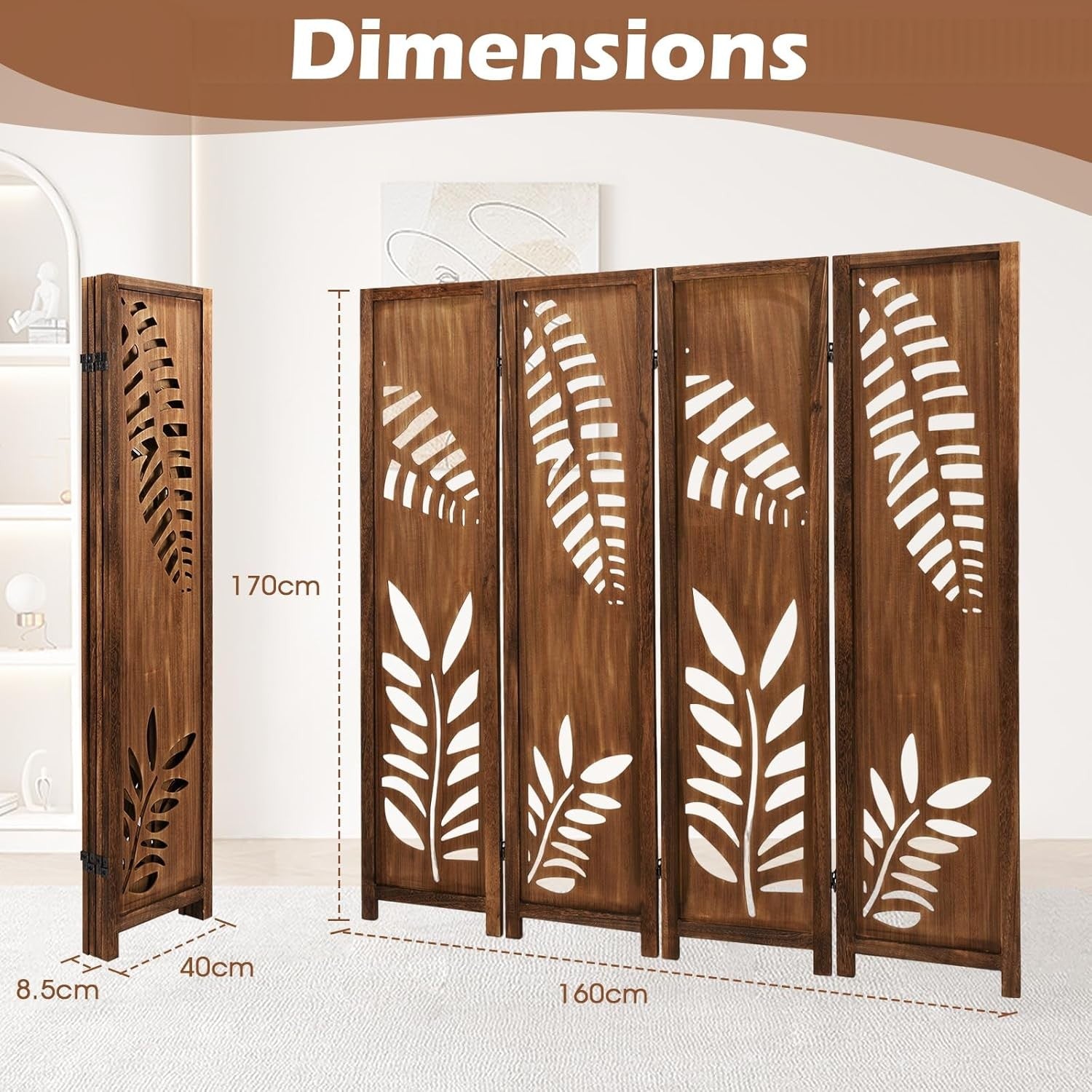 4 Panel Brown Carved Wood Room Divider Leaf Design Privacy Screen 170cm High