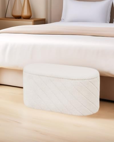 White Oval Storage Ottoman Bench 3-in-1 Seat Footrest with Hidden Storage