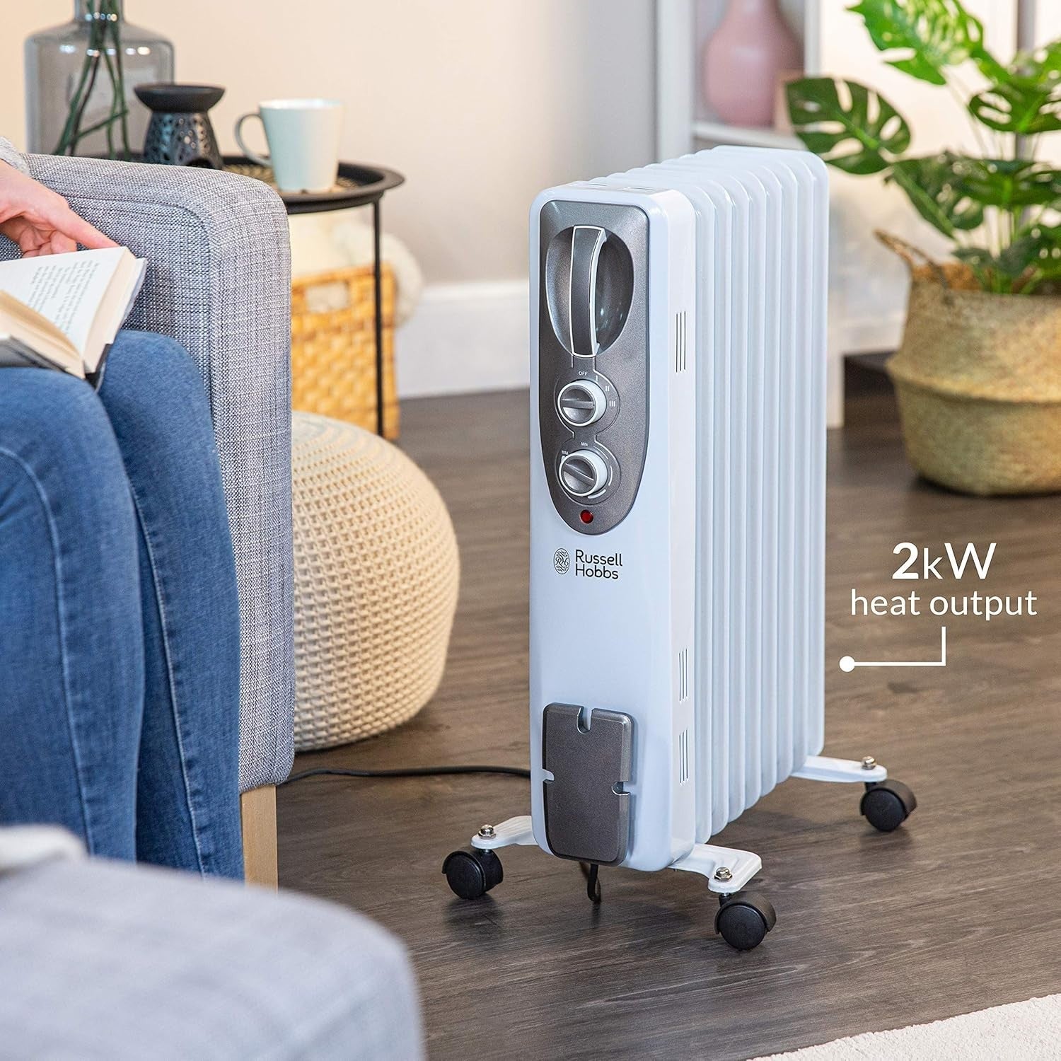 2kW Oil Filled Radiator Heater 9 Fins Portable Electric 20m² Room