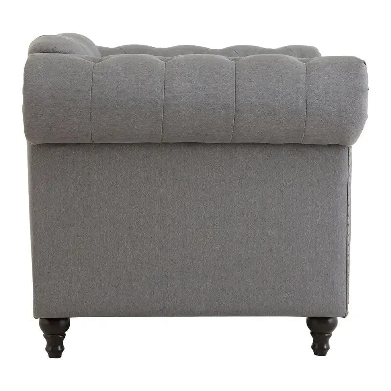 Grey Chesterfield Armchair with Button Tufting & Studded Scroll Arms