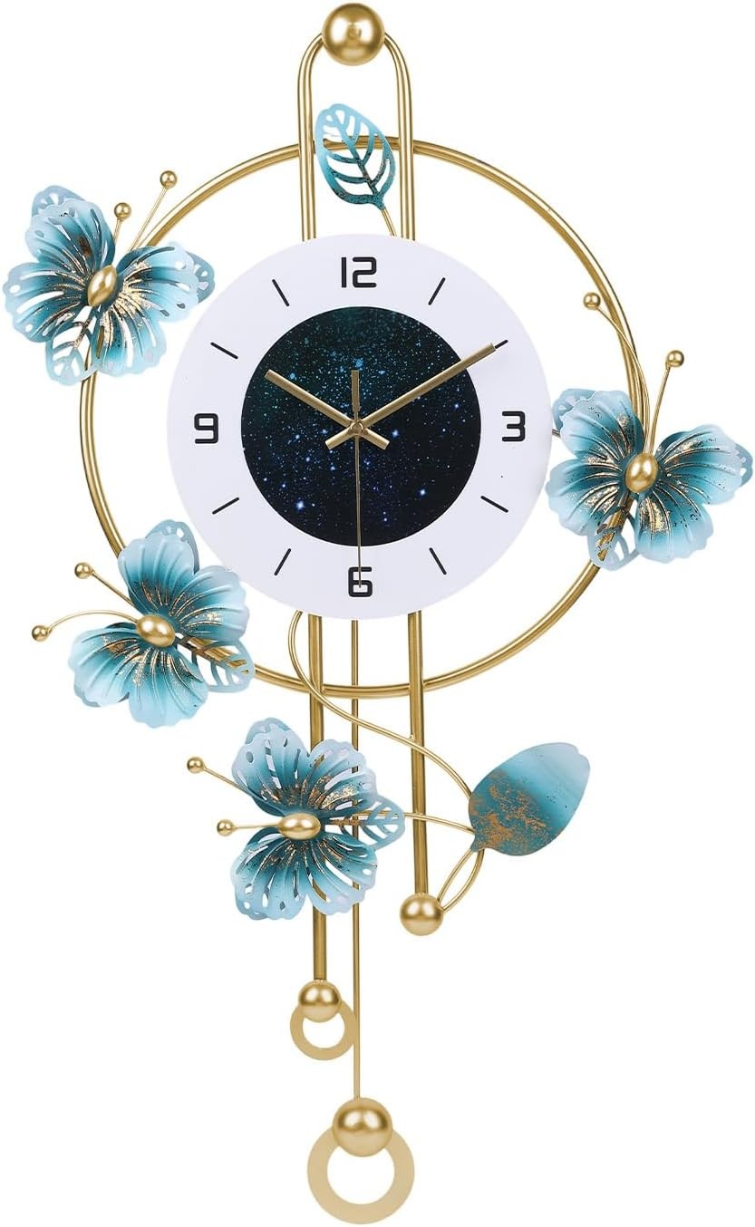 Large 75cm Wall Clock Green Metal Floral Design Silent Quartz Pendulum Decor