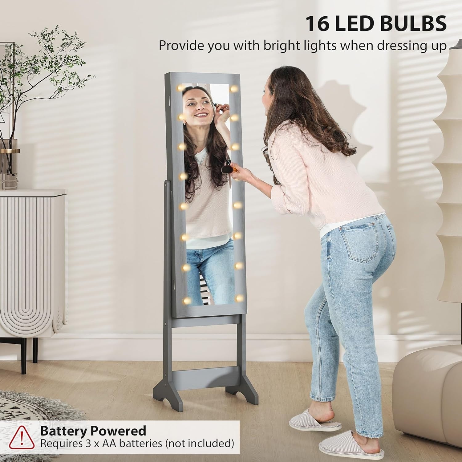 Freestanding Jewelry Cabinet Mirror Lockable LED Light Storage Organizer Gray