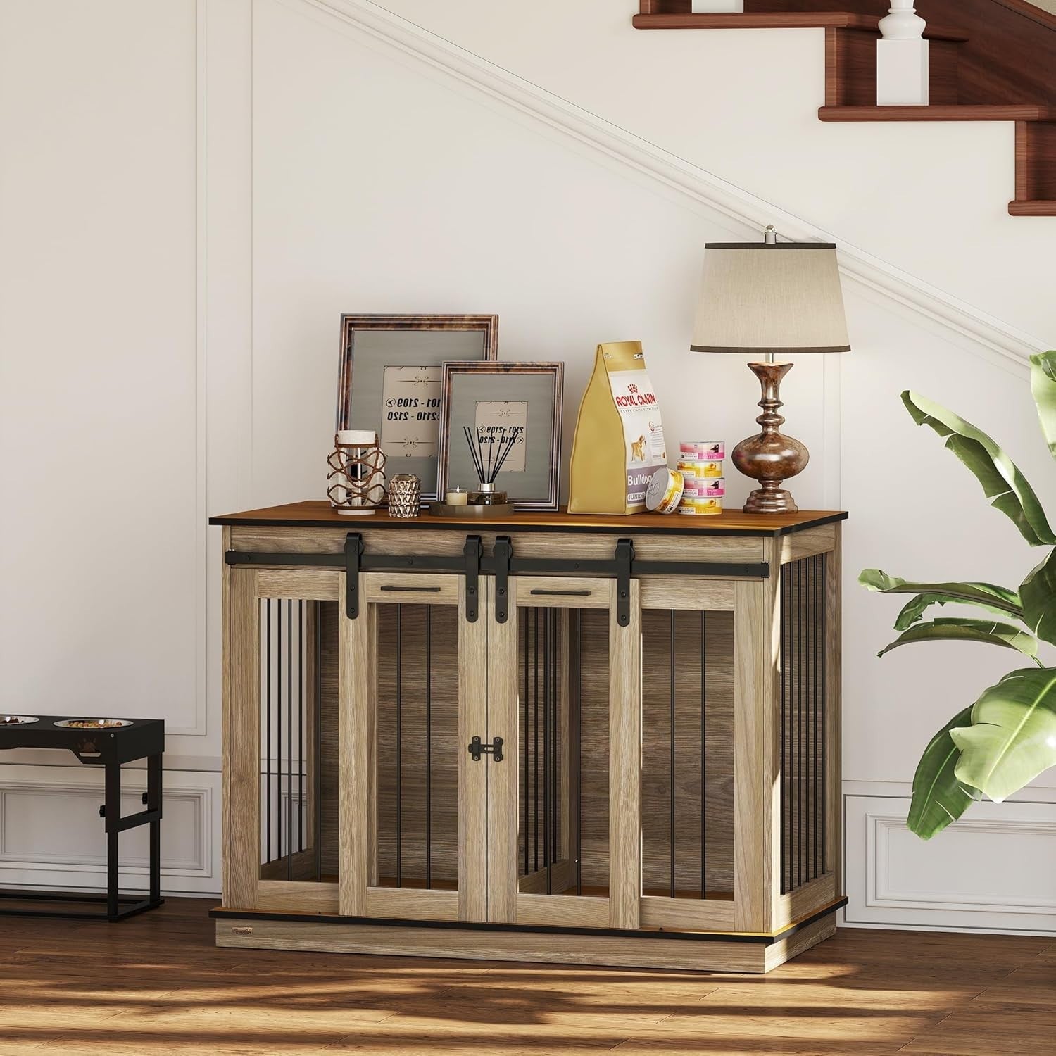 Large Oak Tone Dog Crate Furniture with Divider, Sliding Doors & Side Table