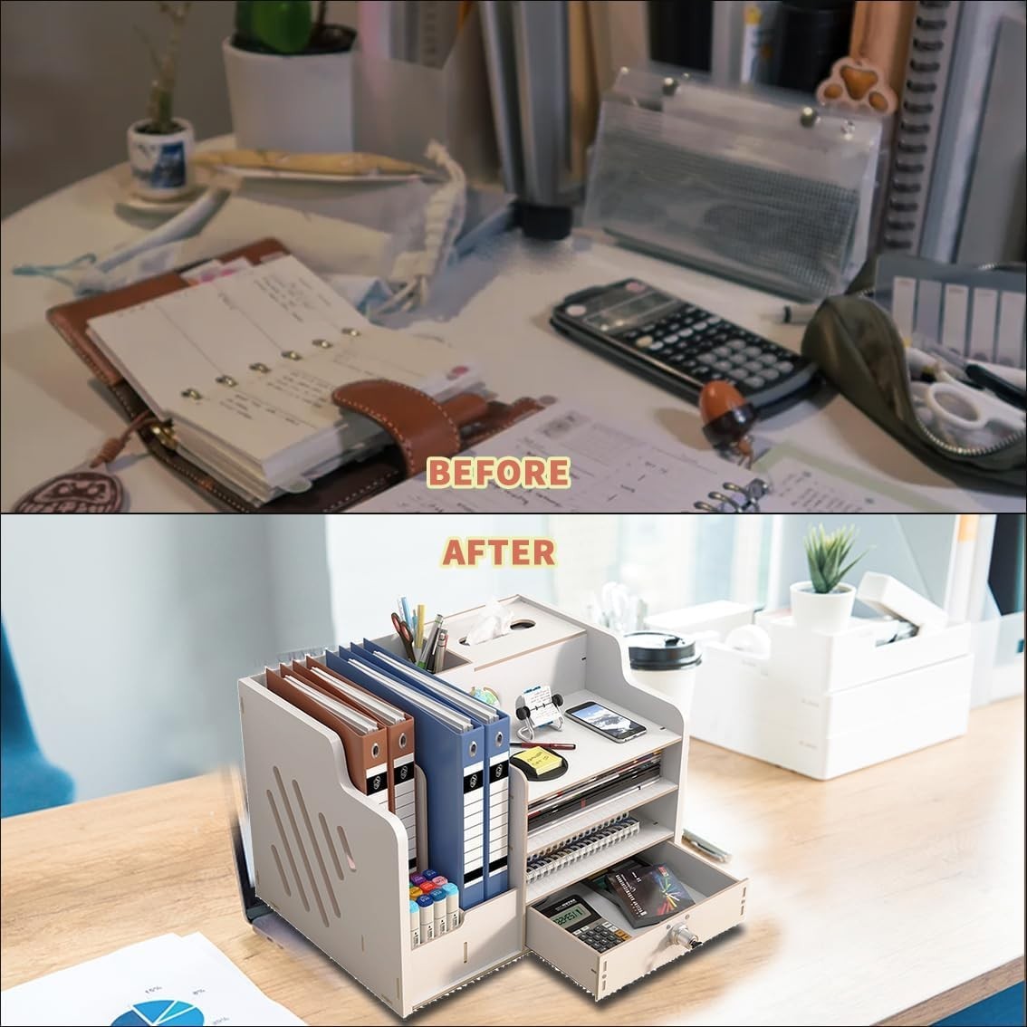 White Desk Organiser with Drawer 9-Compartment Desktop Storage