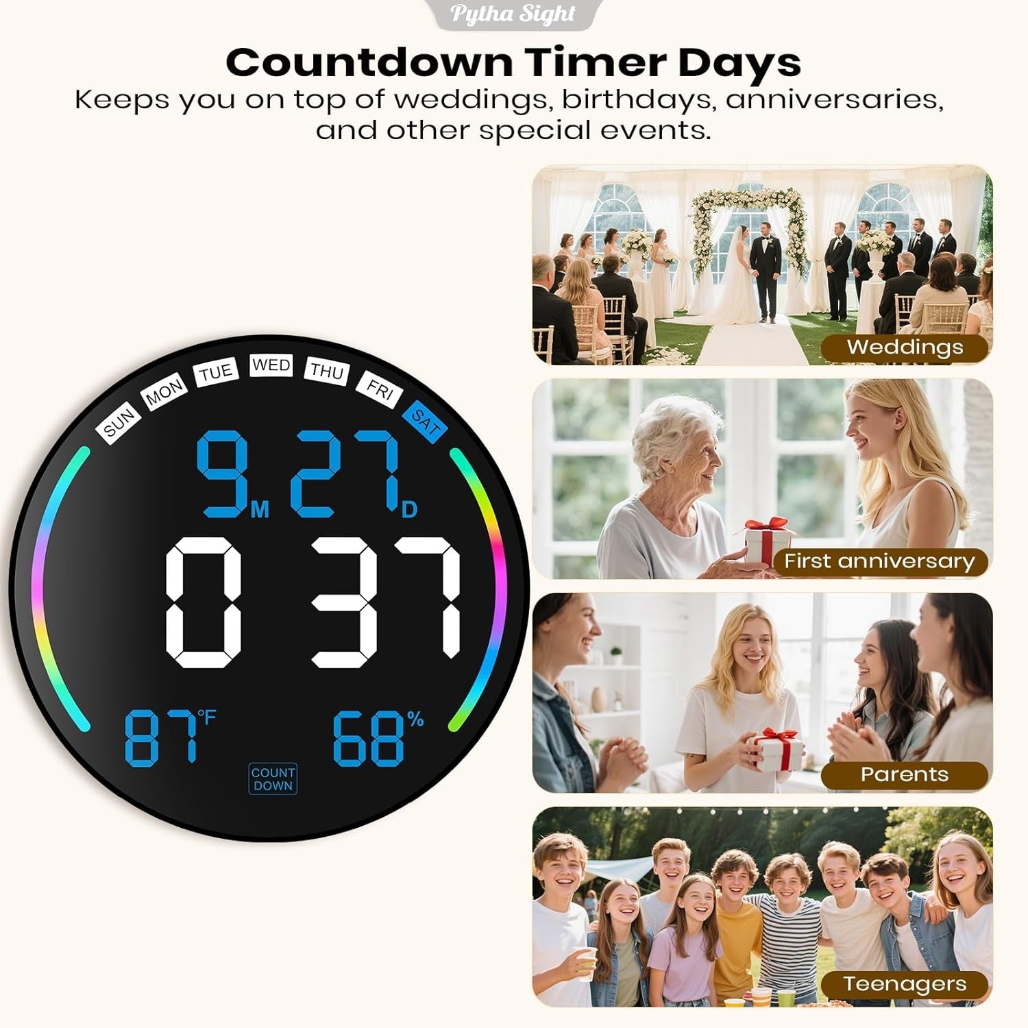 Ice Blue Large Digital Wall Clock LED Countdown Timer Remote Temp Humidity