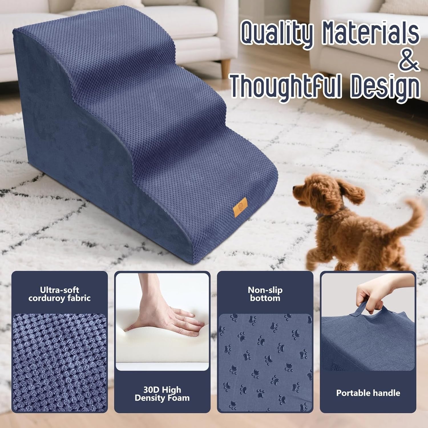 Blue 3 Step Dog Stairs 30D Foam Non Slip Ramp 60x40x40cm