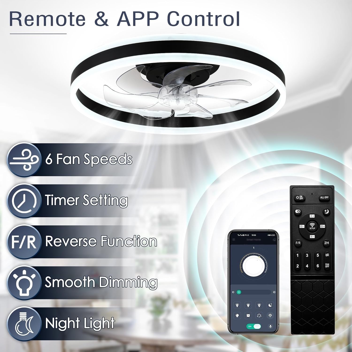 20" LED Bladeless Ceiling Fan Light, Dimmable, Remote, Flush Mount, Modern Black