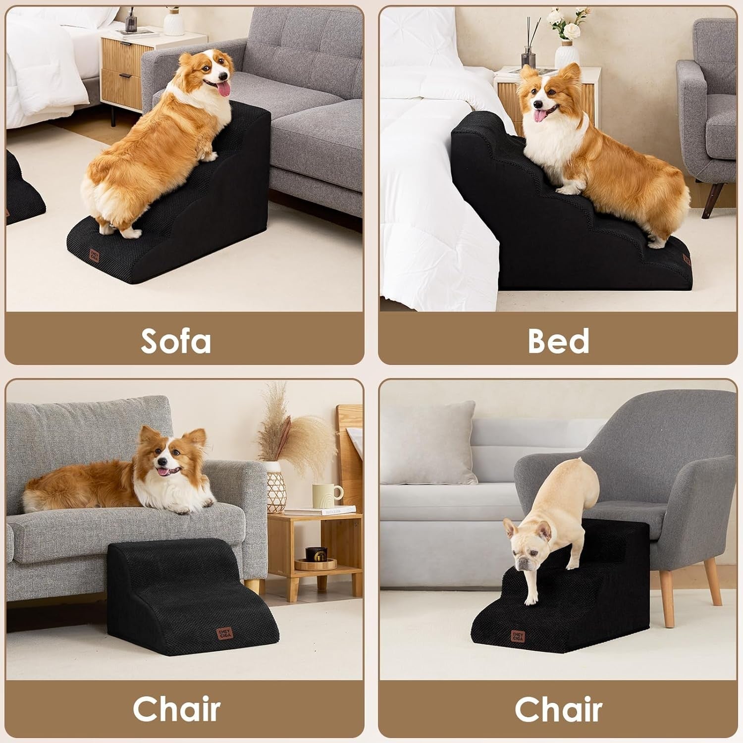 2 Step Dog Stairs for Sofa Non Slip Foam Pet Steps Washable Black