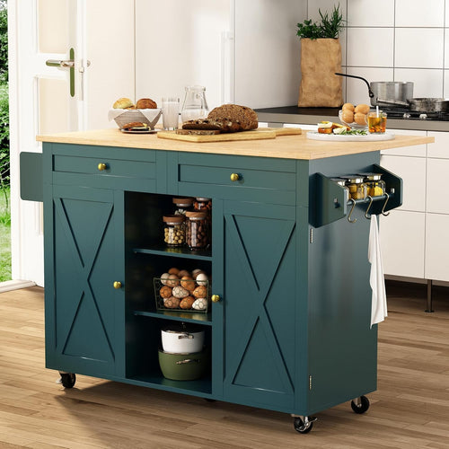 Rolling Kitchen Island Cart Drop Leaf Countertop Storage Cabinet on Wheels