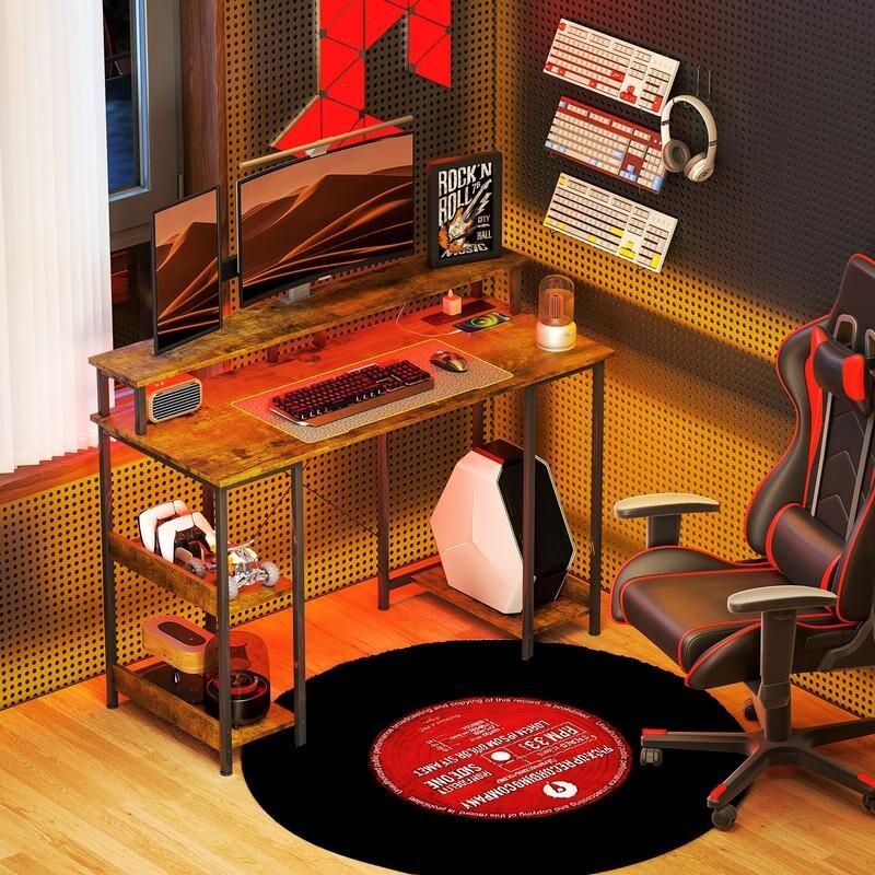 Gaming Desk 120cm w/ LED Lights, USB Charging, Monitor Stand, Shelves