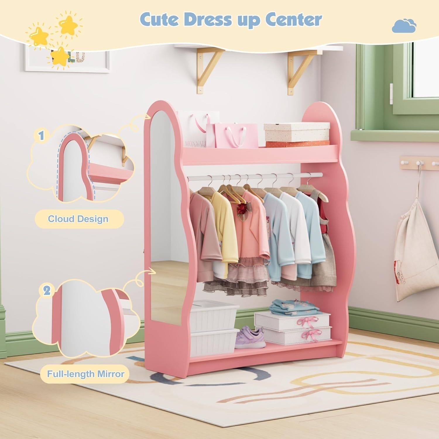 Kids Wardrobe with Mirror & Hanging Rail, No Drawer, Pink Cloud Design