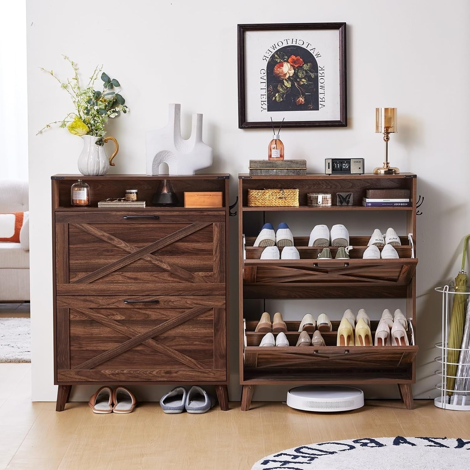 Slim Flip Drawer Shoe Cabinet with Adjustable Shelves & Anti-Tip Design