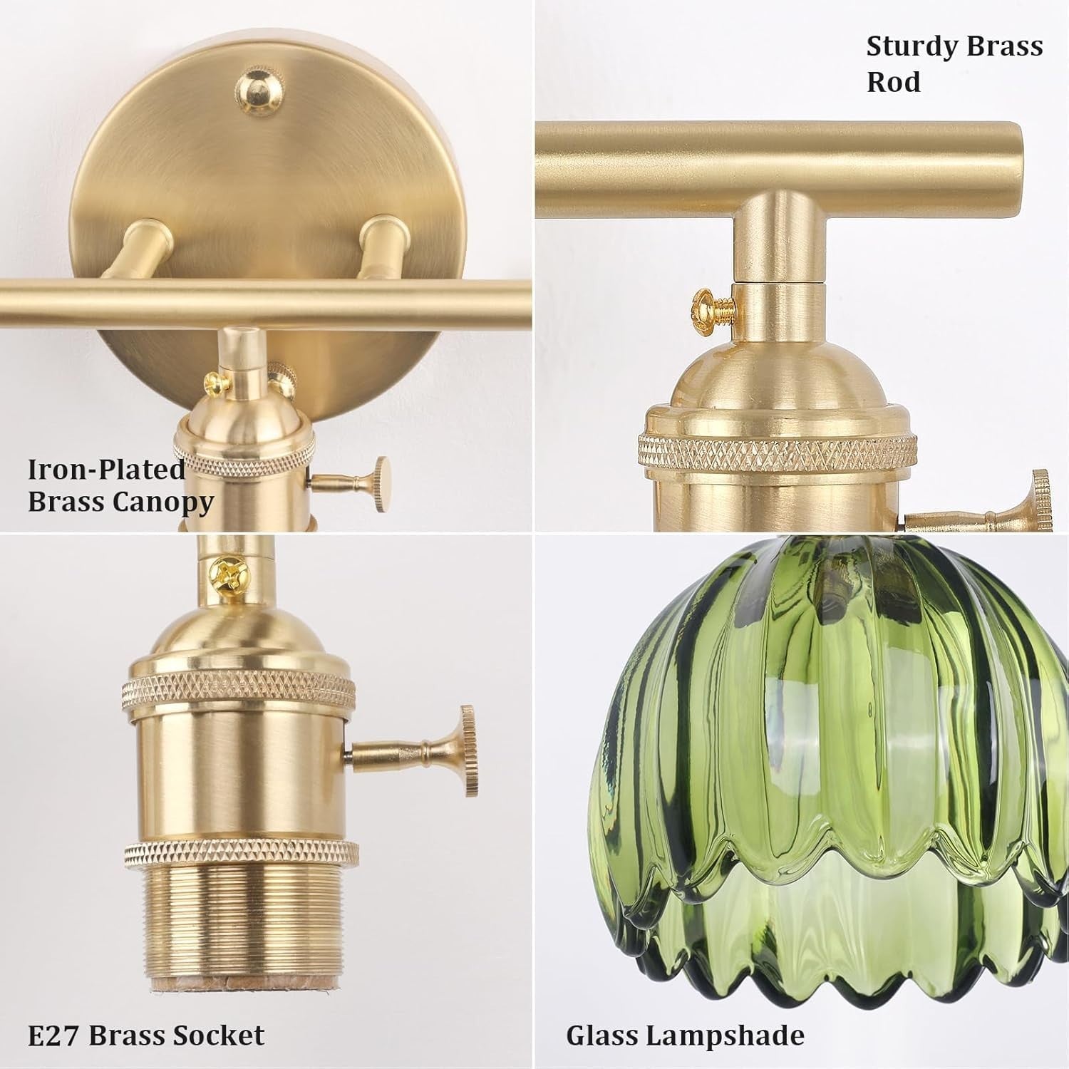 3-Light Green Glass Wall Sconce Vanity Light Brass Fixture Bathroom Mirror