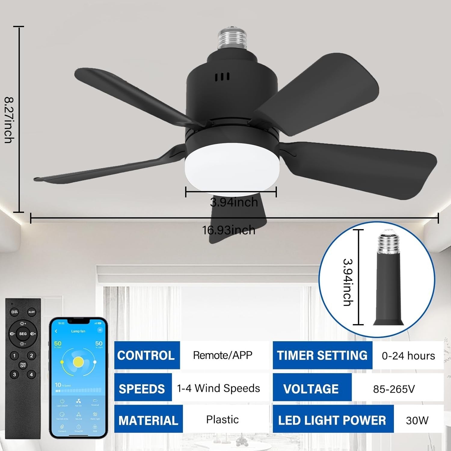 Black Ceiling Fan Light, Dimmable E26/E27, 5 Blades, 3 Colors, Remote & App