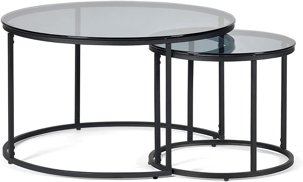 Round Nesting Coffee Tables Set of 3, Smoked Glass & Black 80x50cm
