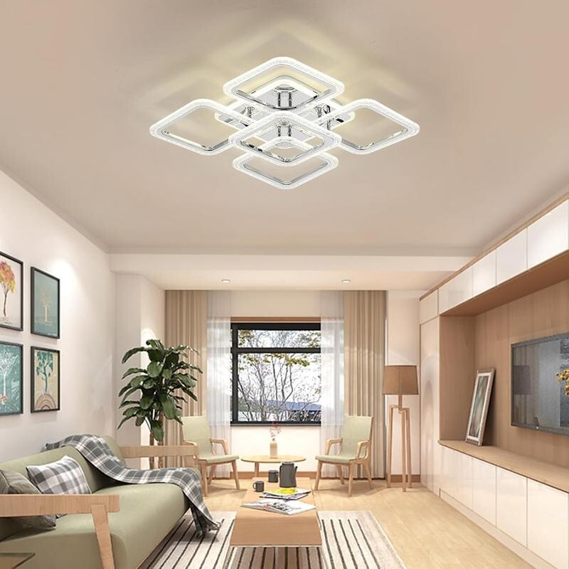 Modern LED Ceiling Light 100W Dimmable Remote Chrome Square 5 Lights