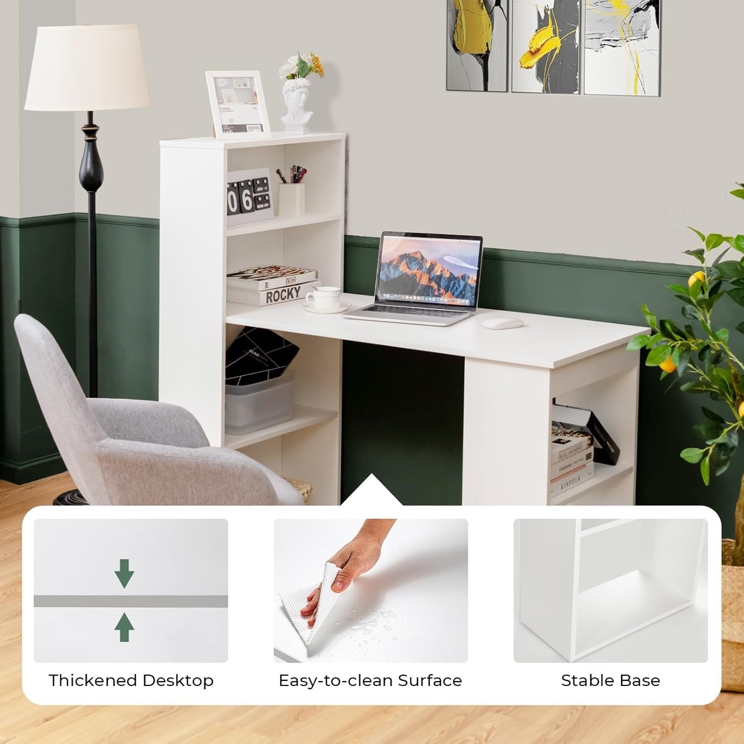 White Computer Desk 122x52cm w/6-Tier Storage Shelves, Home Office Table