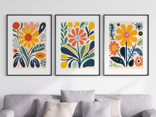 Retro Floral Wall Art Set of 3 A4 Unframed Groovy Posters