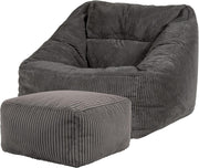 Adult Cord Bean Bag Chair with Footstool Grey Lounge Sofa Seat Filled
