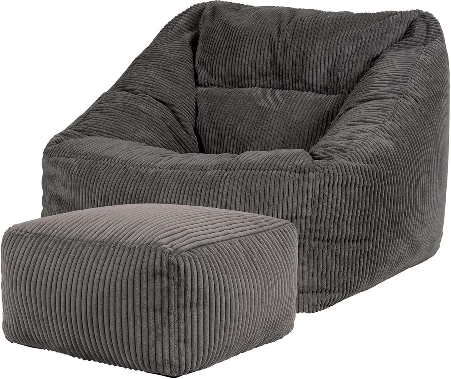 Adult Cord Bean Bag Chair with Footstool Grey Lounge Sofa Seat Filled