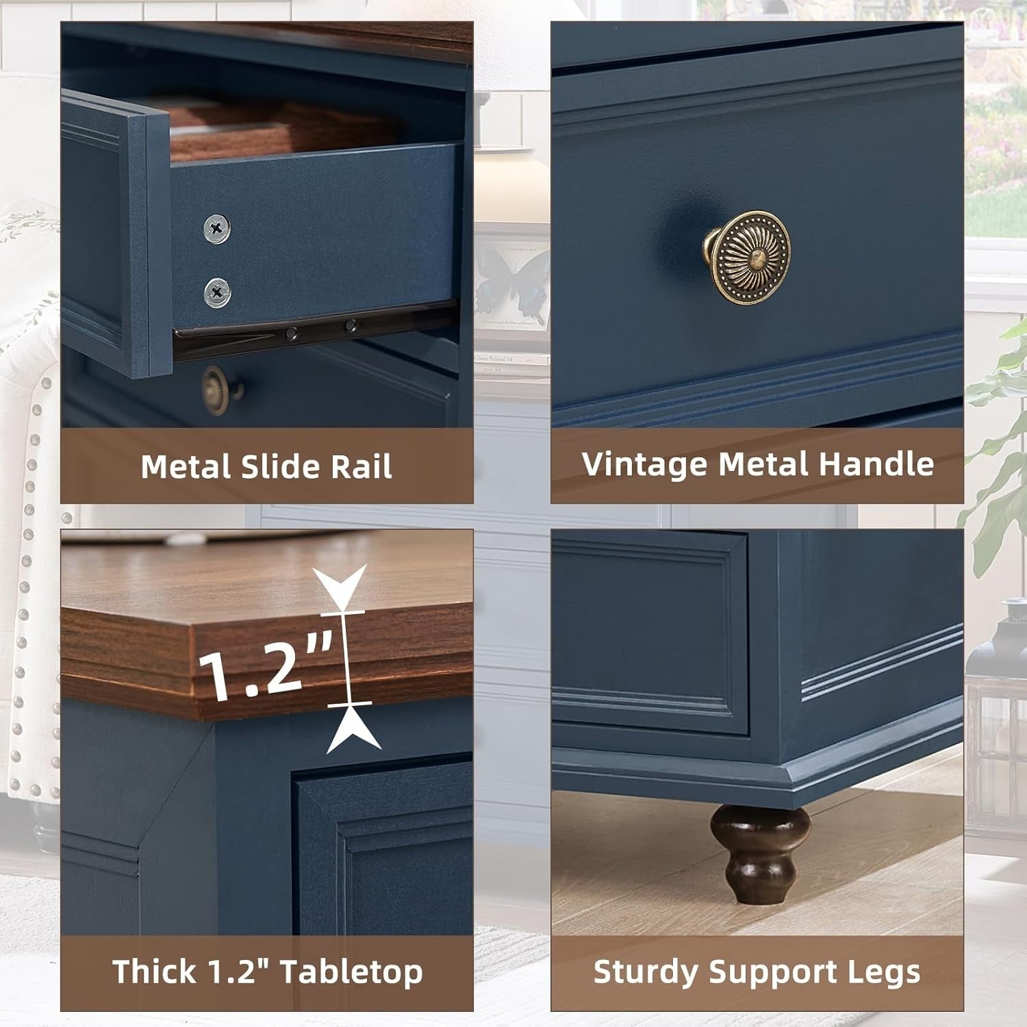 Dark Blue Wooden Bedside Table with Drawers – Rustic Farmhouse Nightstand