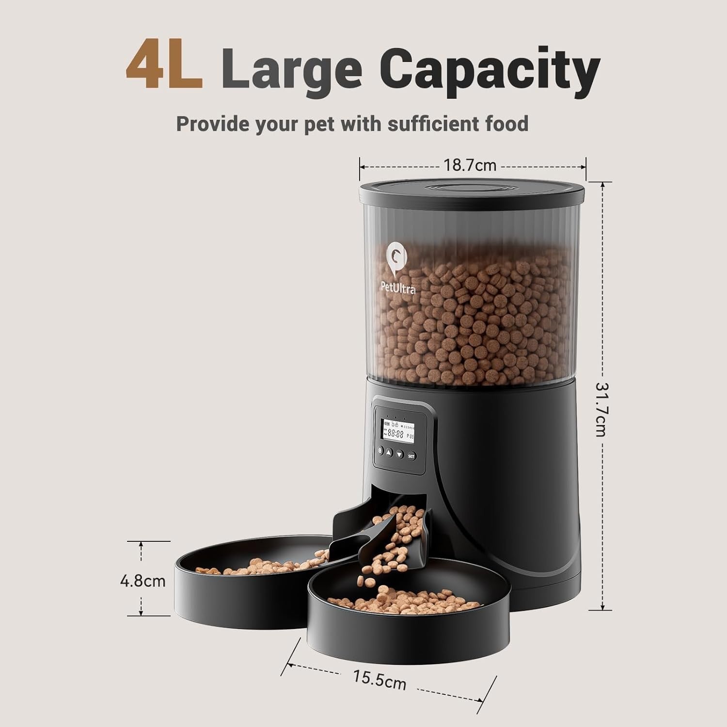 Dual Bowl Automatic Pet Feeder 4L Timed Food Dispenser for 2 Cats