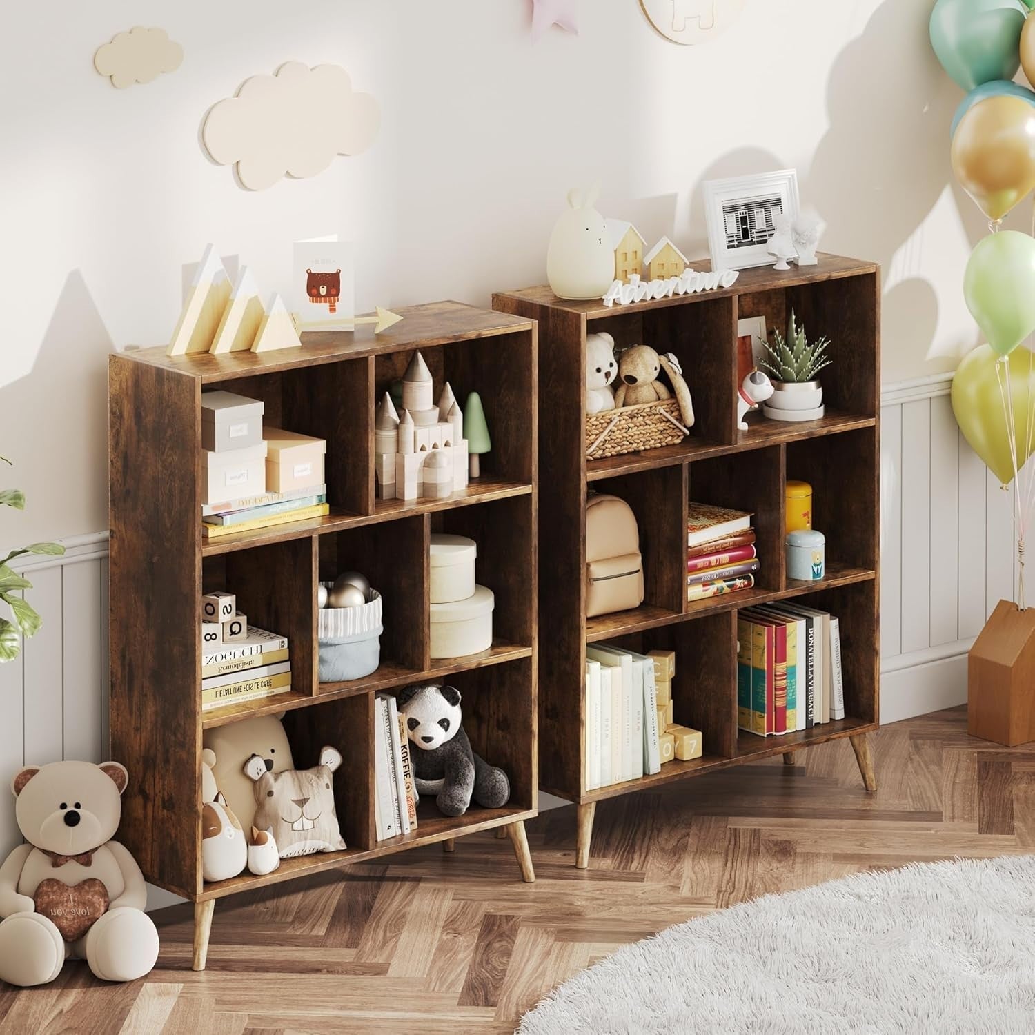 7 Cube Rustic Wooden Bookcase Modern 3 Tier Storage Shelf with Legs 80x24x107cm