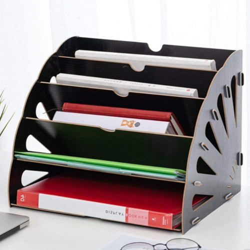 Black Wooden Desk Organizer – 5-Slot A4 File & Paper Holder