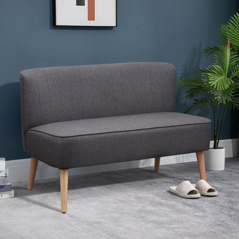 Compact 2 Seater Sofa Dark Grey Linen Padded Seat Wood Legs Small Space