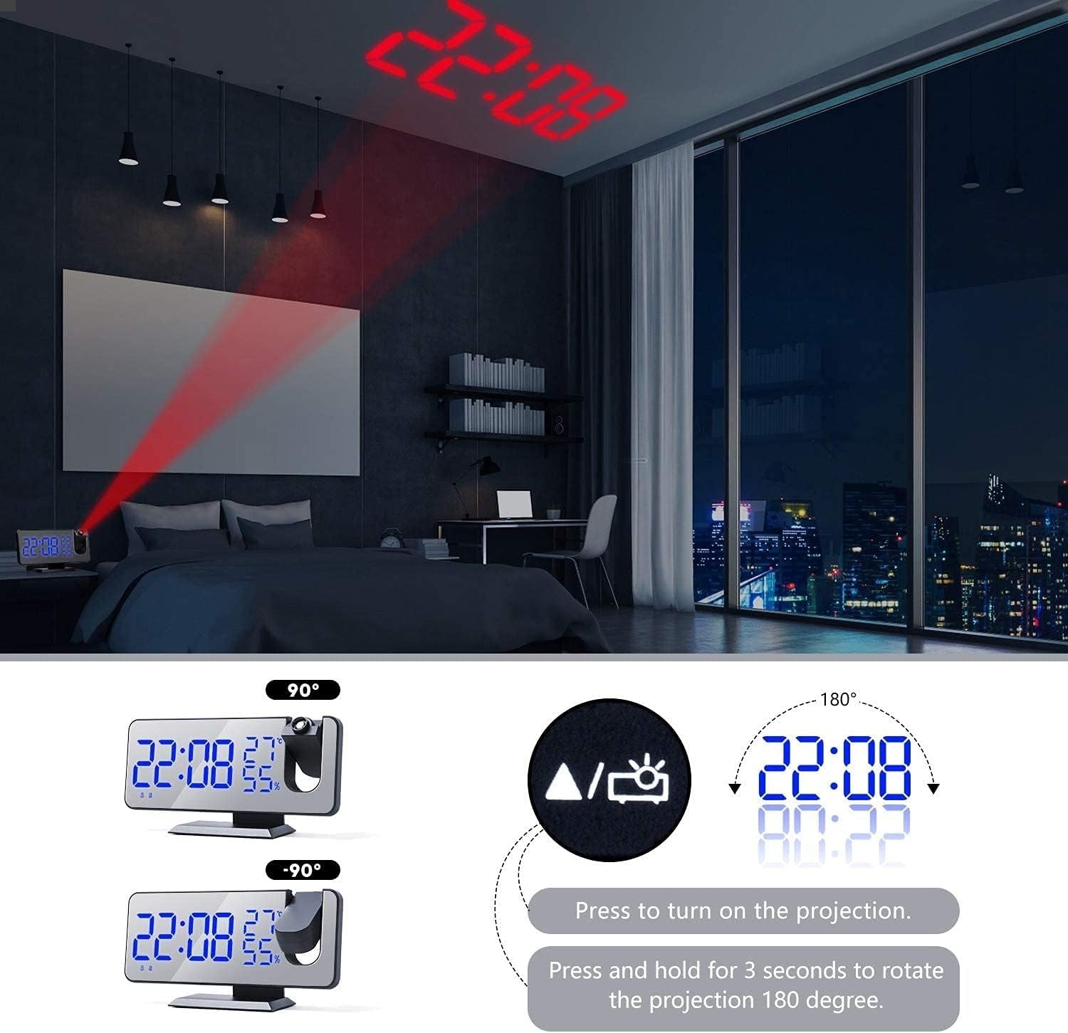 Black Projection Alarm Clock FM Radio USB Charger LED Temperature Display