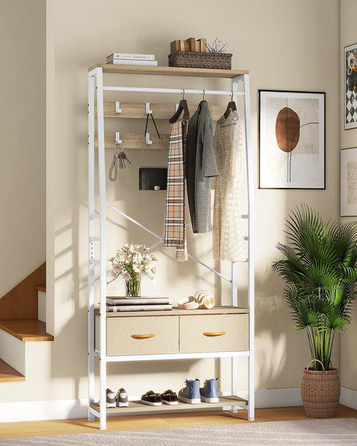 Beige Hall Tree Coat Rack with Bench | Shoe Storage & Drawers Entryway Stand