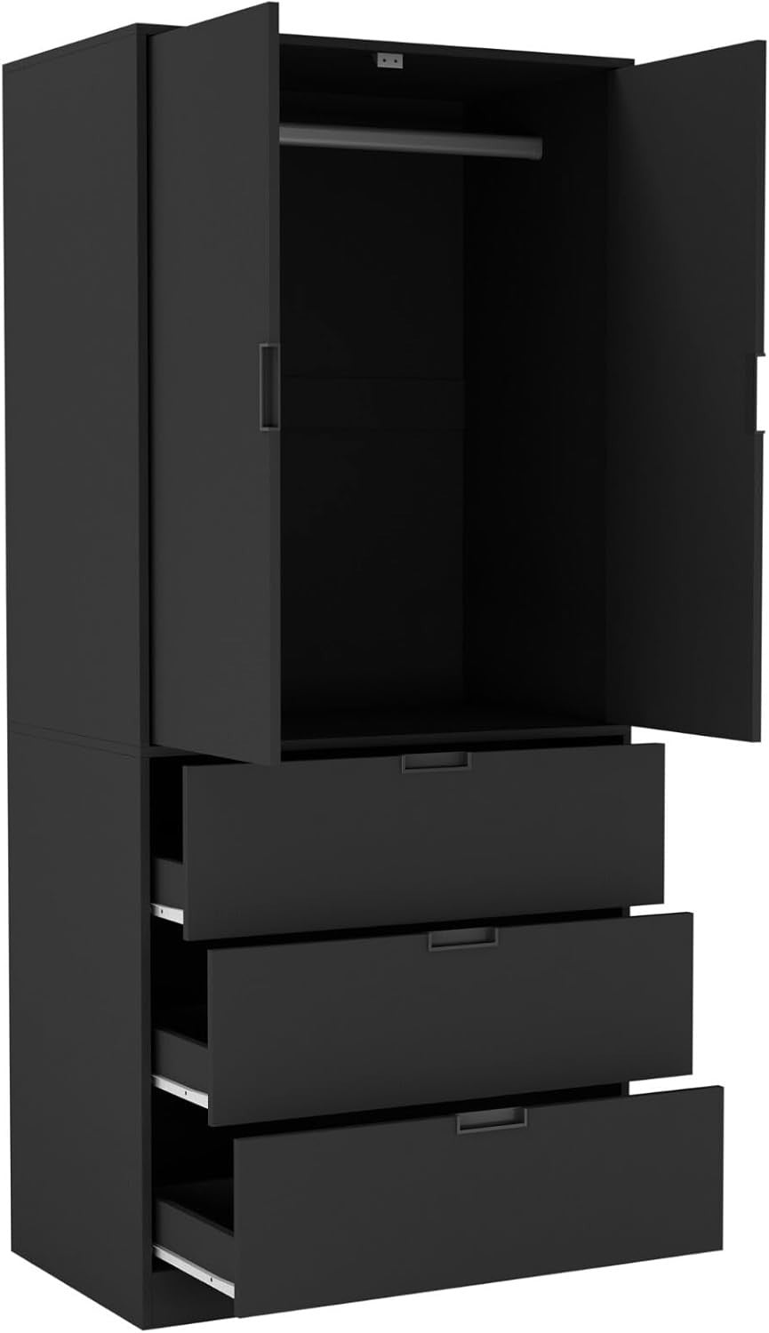 Modern Black Wardrobe 2 Door 3 Drawer Hanging Rail Storage Unit 180cm