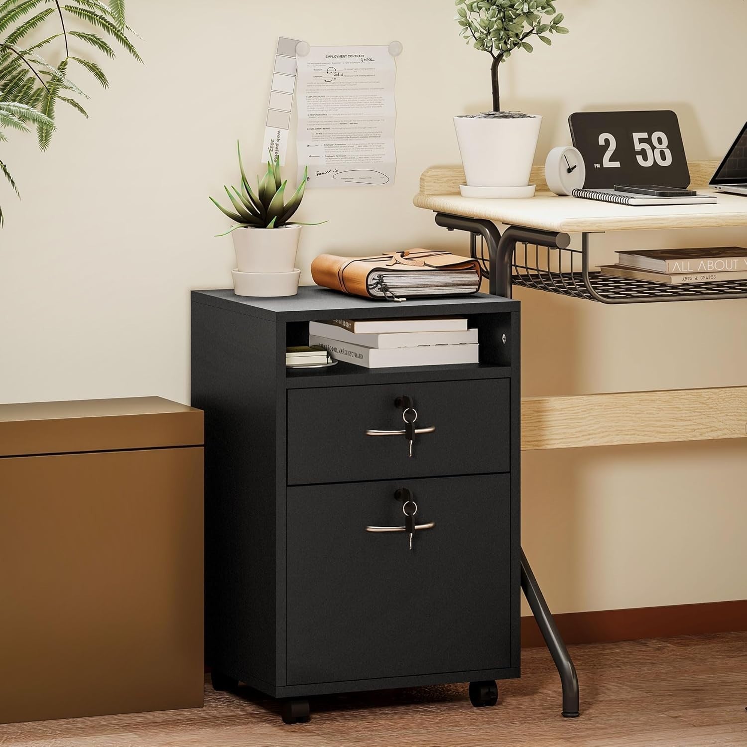 Black Mobile Filing Cabinet with Lockable Drawer & Wheels for Home Office