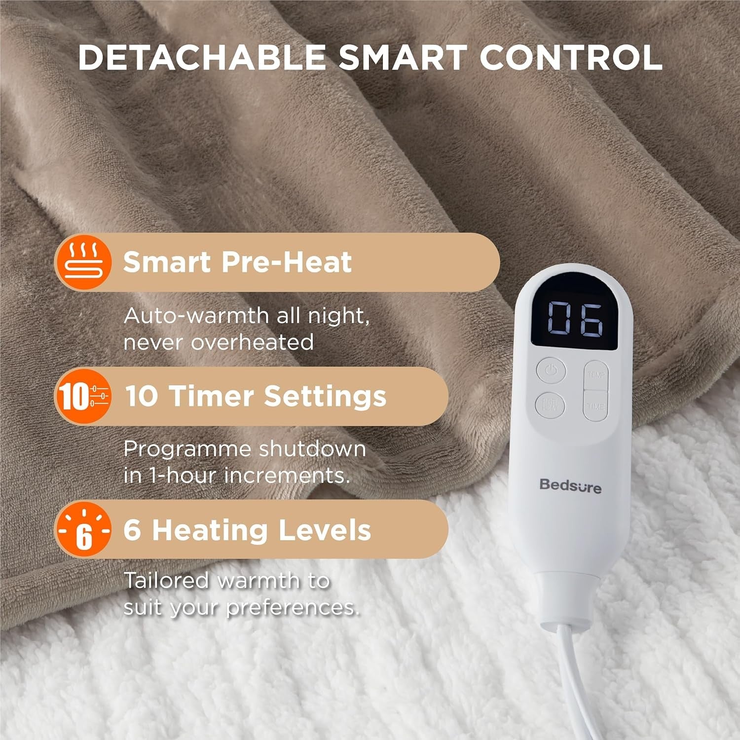 Electric Heated Throw Blanket 130x160cm Soft Flannel 6 Heat Levels Timer