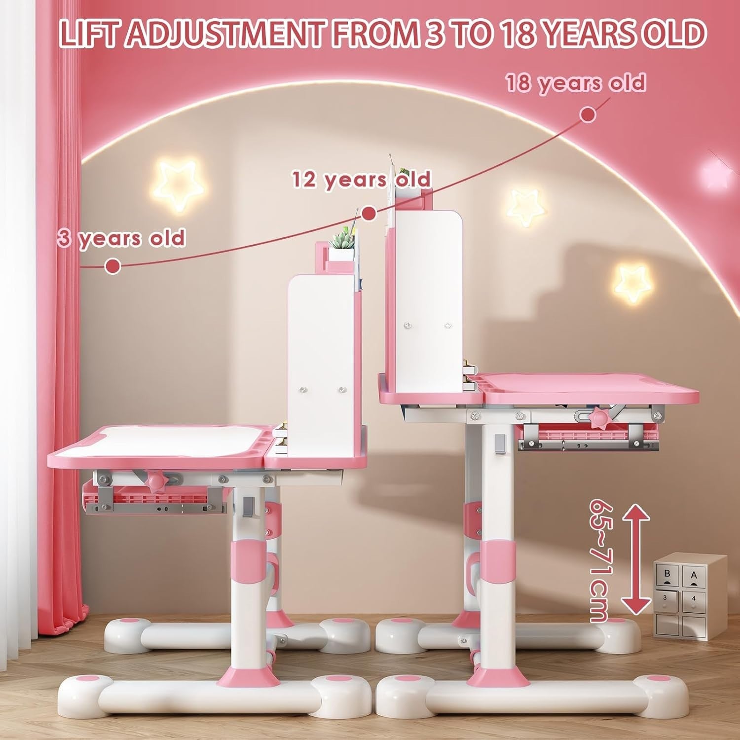 Adjustable Kids Desk & Chair Set with Tilt Top & Drawer – Pink Study Table