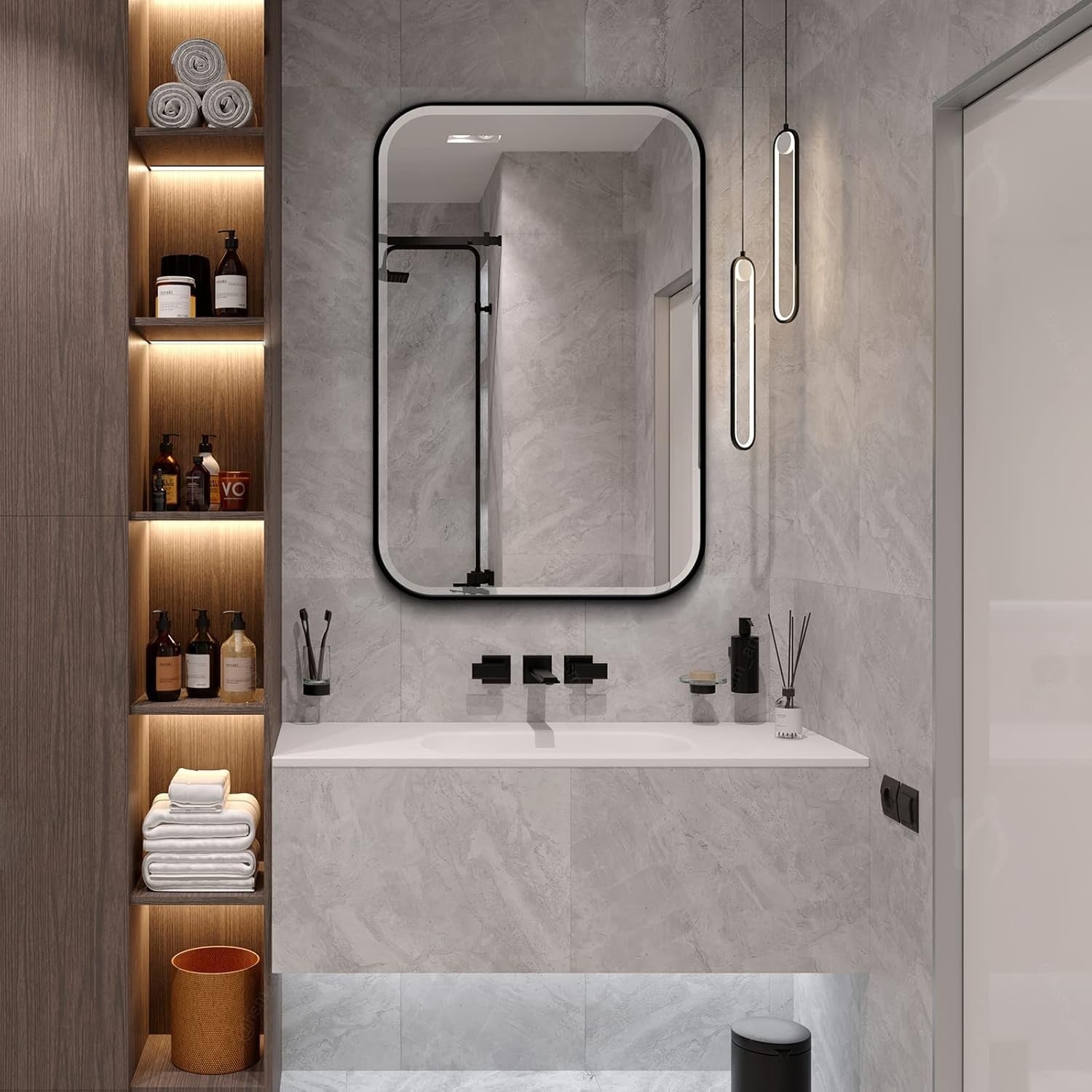 Wall-Mounted Plastic Mirror Cabinet with Adjustable Shelves & Storage