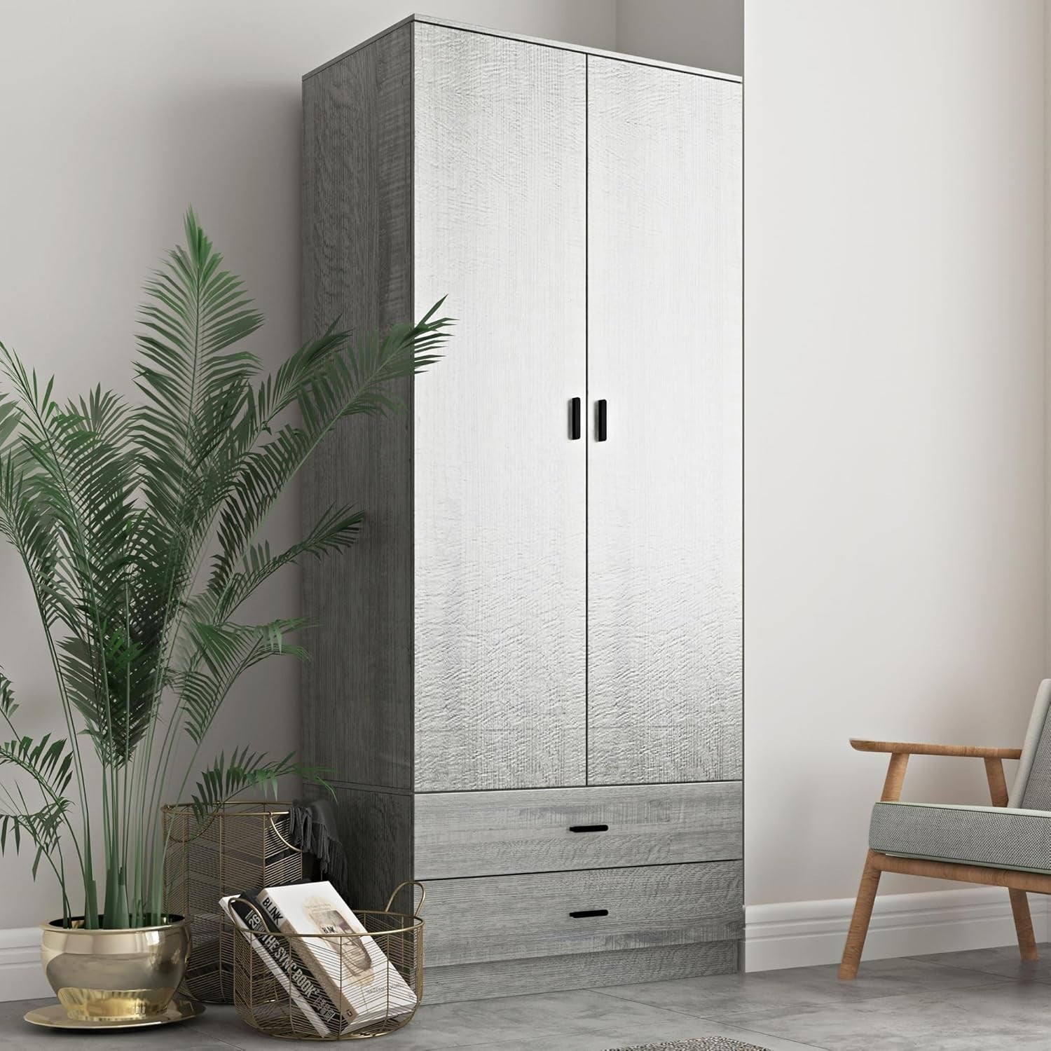 Tall Ash Grey Wooden Wardrobe with 2 Drawers Sturdy Clothes Storage Unit