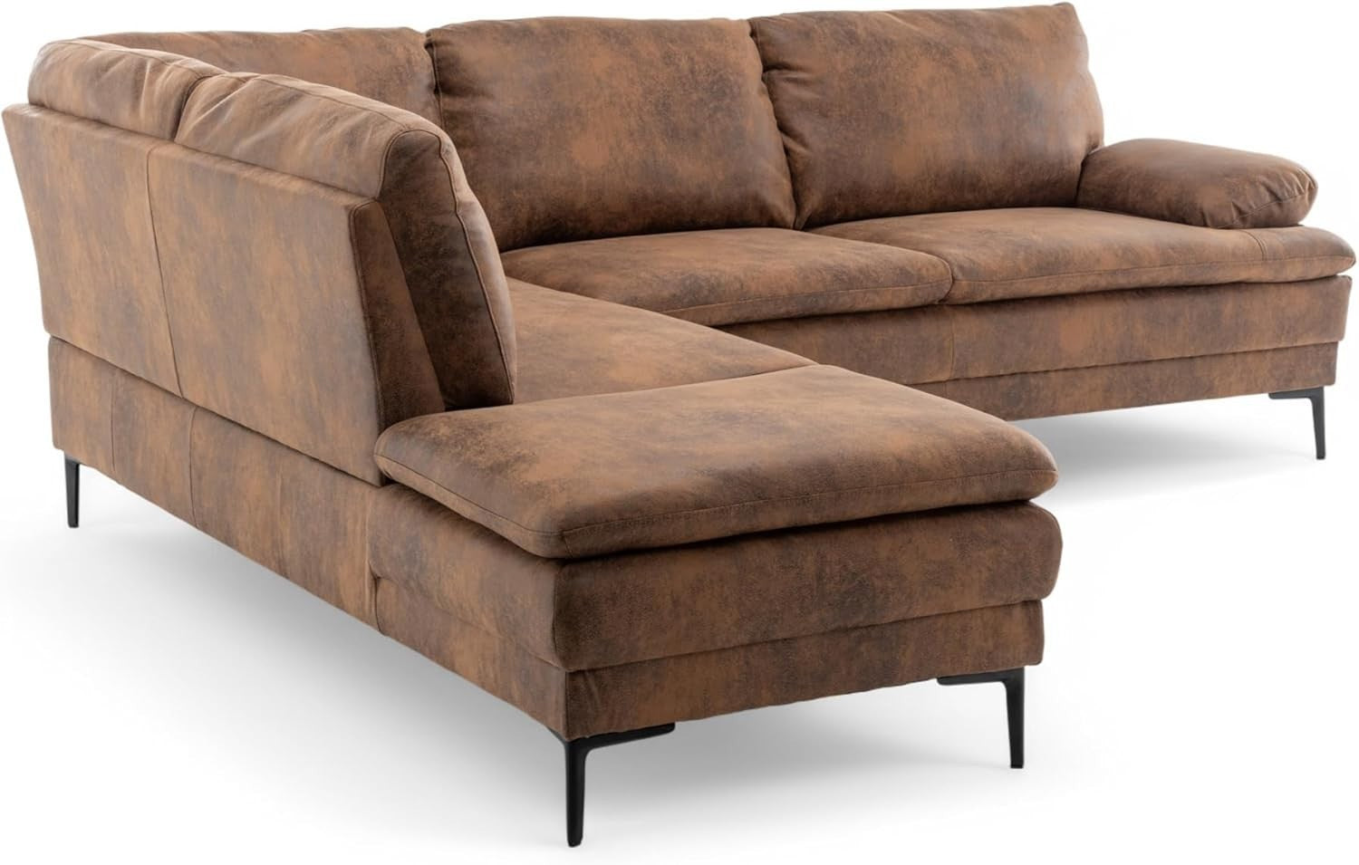 Brown Faux Leather 4-Seater L-Shaped Corner Sofa with Chaise, Plush Cushions