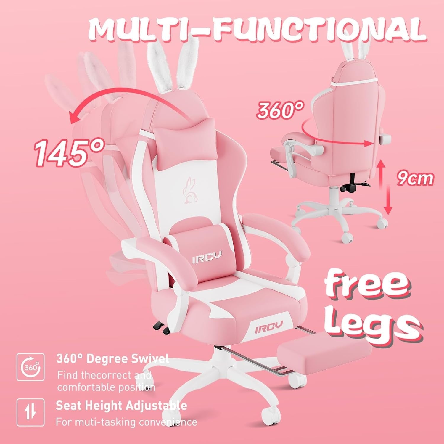Pink Gaming Chair Memory Foam Reclining Office Desk PC Swivel Racer Seat