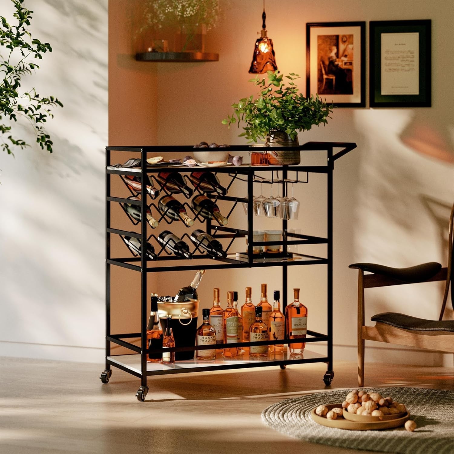 Bar Cart on Wheels with Wine Rack Glass Holder 3 Tier Drinks Trolley