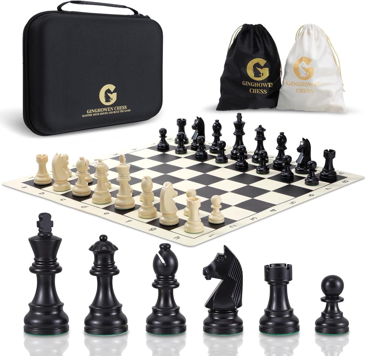 20" Tournament Silicone Chess Set Weighted Pieces Foldable Board + Carry Bag