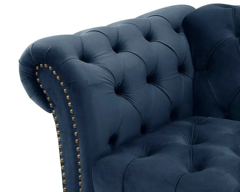 3 Seater Chesterfield Sofa Midnight Blue | Velvet Scroll Arm Nail Trim